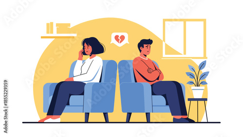 Modern flat vector illustration of woman crying on sofa while man looks away, emotional breakup scene, ideal for mental health and relationship visuals