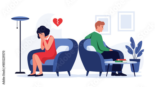 Modern flat vector illustration of woman crying on sofa while man looks away, emotional breakup scene, ideal for mental health and relationship visuals