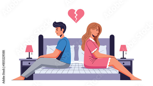 Modern flat vector illustration of man and woman sitting apart on bed, emotional distance after breakup, ideal for relationship conflict visuals