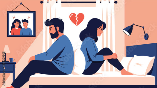 Modern flat vector illustration of man and woman sitting apart on bed, emotional distance after breakup, ideal for relationship conflict visuals