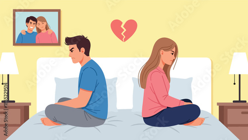 Modern flat vector illustration of man and woman sitting apart on bed, emotional distance after breakup, ideal for relationship conflict visuals