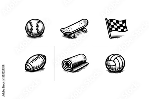 Vintage sports icon collection: baseball, football, skateboard, racing flag, volleyball, yoga mat