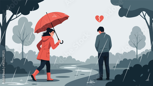 Modern flat vector illustration of woman walking away under umbrella while man stands behind, emotional breakup scene, ideal for heartbreak storytelling