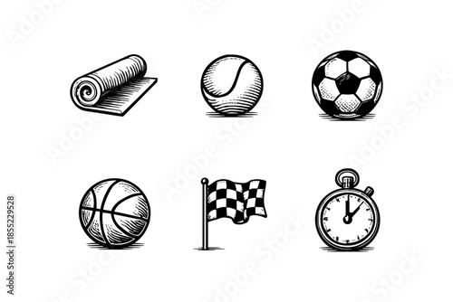 Vintage sports icons: tennis, soccer, yoga, basketball, racing, stopwatch
