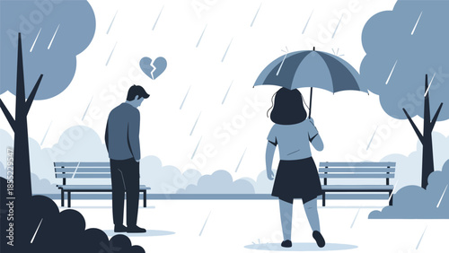 Modern flat vector illustration of woman walking away under umbrella while man stands behind, emotional breakup scene, ideal for heartbreak storytelling