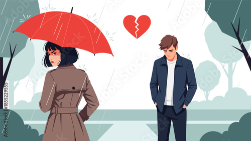 Modern flat vector illustration of woman walking away under umbrella while man stands behind, emotional breakup scene, ideal for heartbreak storytelling