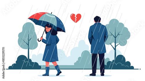 Modern flat vector illustration of woman walking away under umbrella while man stands behind, emotional breakup scene, ideal for heartbreak storytelling