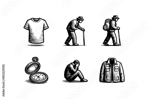 Vintage style symbols of travel and exploration in monochrome design