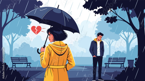 Modern flat vector illustration of woman walking away under umbrella while man stands behind, emotional breakup scene, ideal for heartbreak storytelling