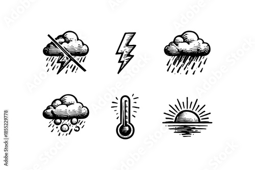 Hand drawn weather icons: storm, rain, snow, sun, lightning, thermometer