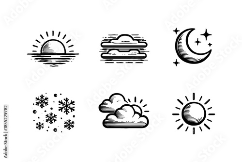 Hand drawn weather icons: sun, moon, clouds, snowflakes, and more