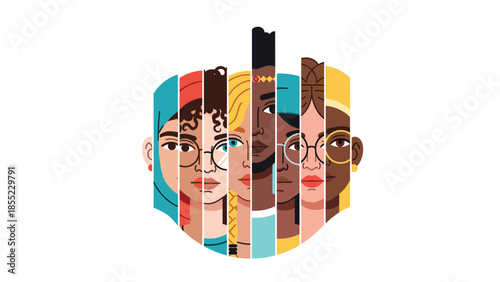 Dynamic and colorful semi-circle composition featuring vertical strips of diverse women's faces, representing female empowerment, unity, and global diversity.