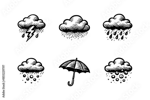 Hand drawn weather icons: clouds, umbrella, rain, snow, and lightning