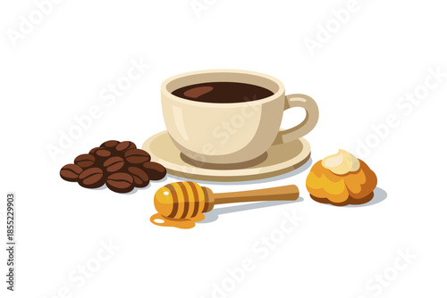 Coffee cup with honey stick and beans on white background