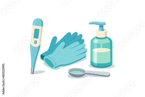 Healthcare essentials: thermometer, gloves, and sanitizer in isometric design