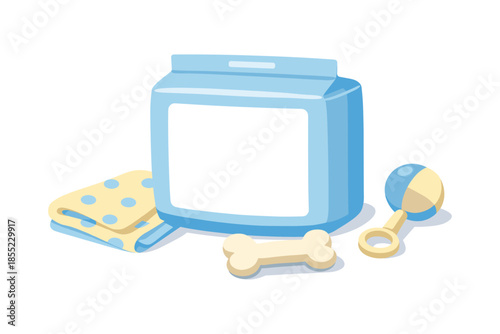 Baby essentials: pastel bag, yellow blanket, bone toy, and rattle on white background