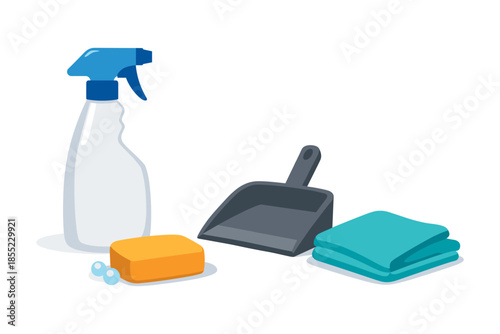 Household cleaning tools set: spray bottle, sponge, dustpan, and cloth in flat design