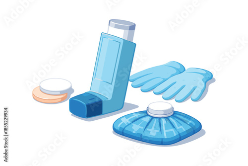 Medical essentials: inhaler, tablets, ice pack, gloves in modern 3d illustration
