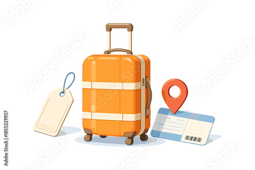 Colorful suitcase with travel essentials on white background
