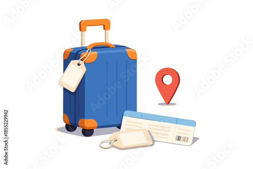 Travel essentials: blue suitcase, luggage tags, location pin, and boarding pass on white background