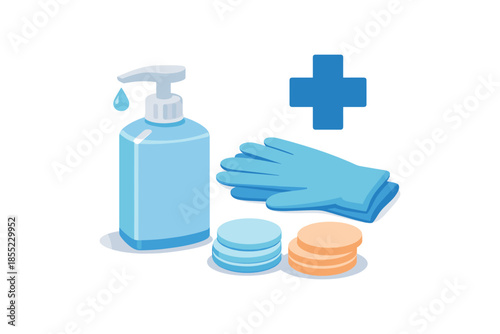 Isometric hygiene essentials: disinfectant, gloves, cotton pads, and health cross