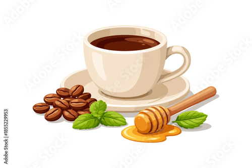 Coffee cup with honey and coffee beans on white background