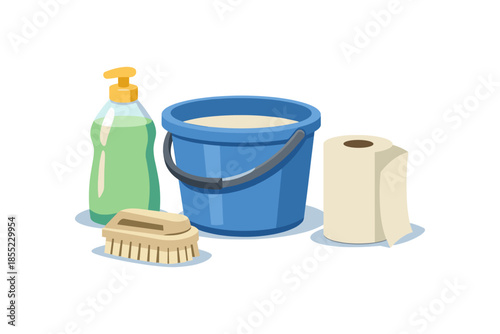 Household cleaning items collection with bucket and supplies
