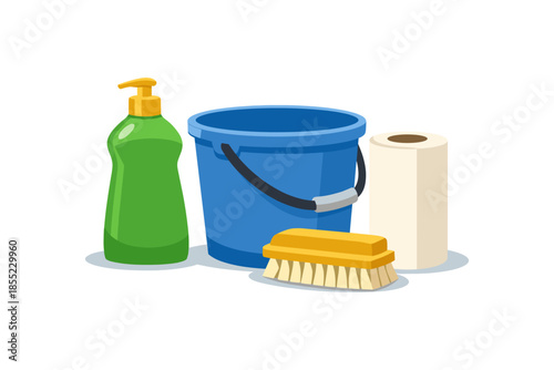 Cleaning supplies set with bottle, bucket, roll, and brush on white background