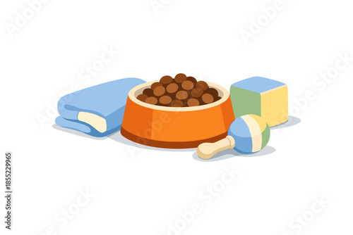 Pet care essentials: bowl with food, blanket, toy cube, and rattle