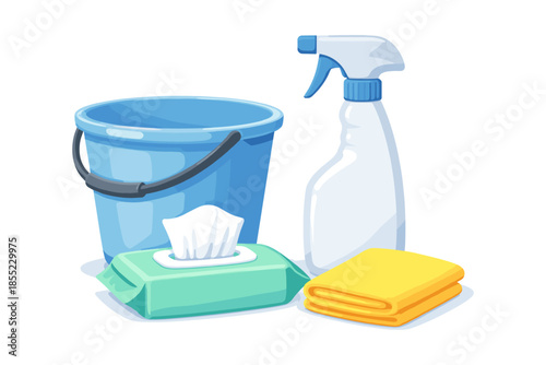 Essential cleaning products: sprayer, bucket, wipes, and cloth in flat style