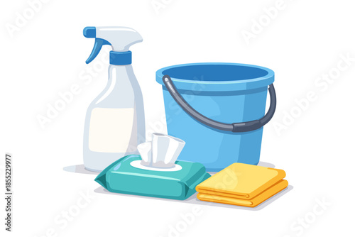 Cleaning supplies collection with blue bucket, spray bottle, and wipes on white background