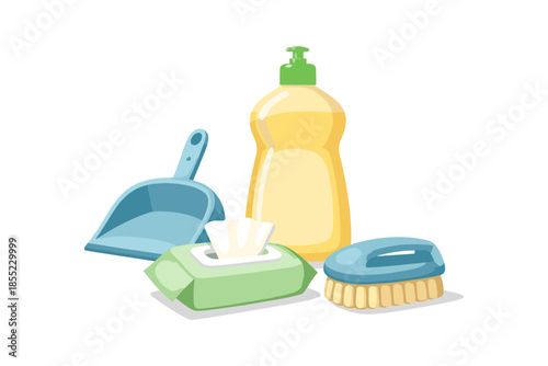 Household cleaning supplies set: soap, wipes, brush, dustpan on white background