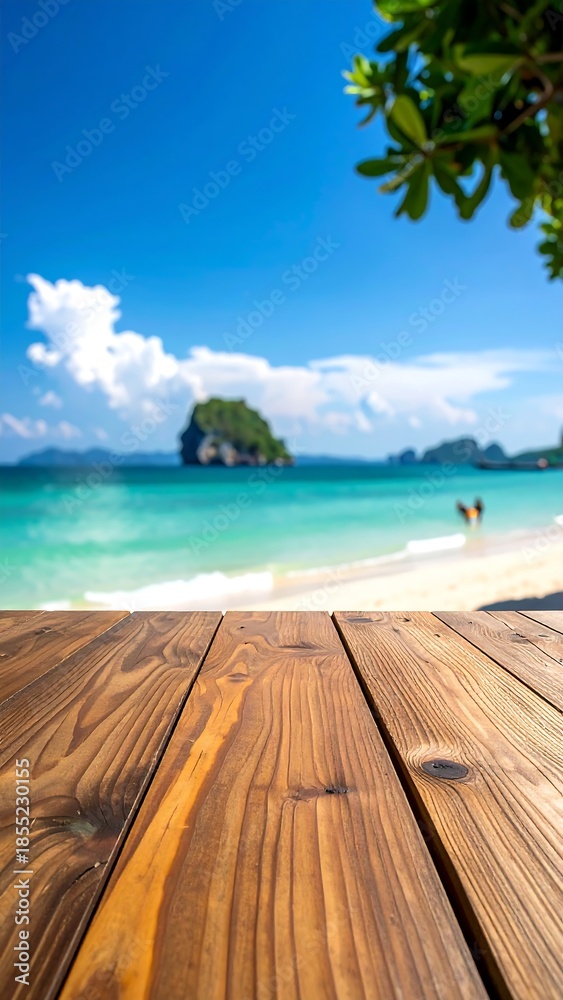 Fototapeta premium Wooden table foregrounds a tropical beach with clear blue water and sky