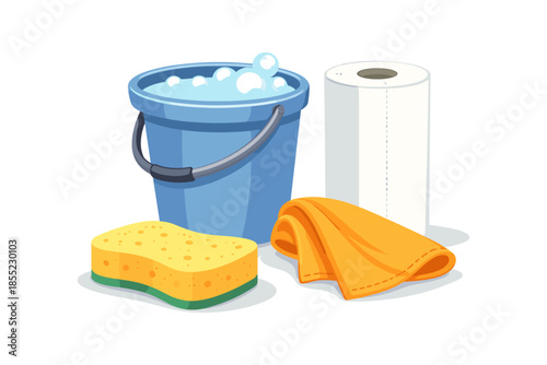 Cleaning essentials: bucket, sponge, cloth, and paper towel on white background