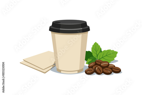 Coffee takeaway cup with beans and mint leaves on white background