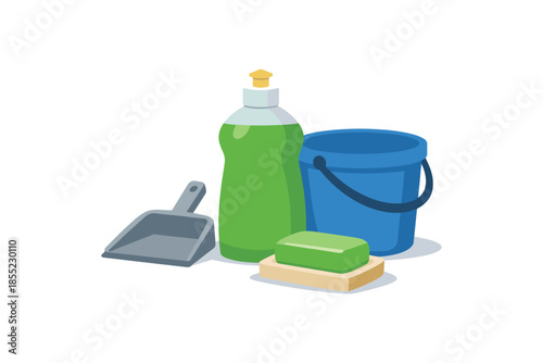 Cleaning supplies collection featuring soap, bucket, and brush in modern flat style