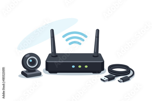 Modern wireless router setup with webcam and usb cable on white background