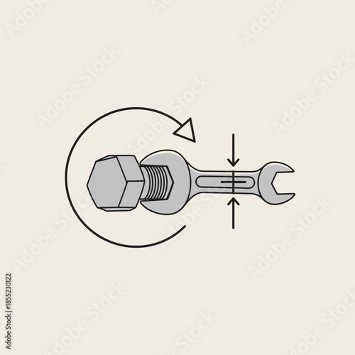 Wrench turning a bolt with directional arrows.