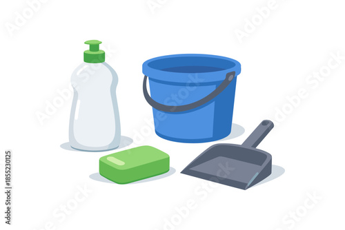 Isometric cleaning supplies: soap, bucket, scoop, and dispenser