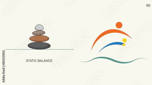 Stacked stones and abstract figures represent balance and movement.