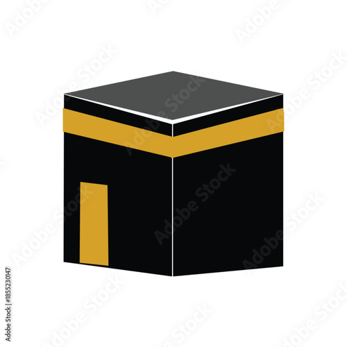 A simple graphic illustration of the Kaaba as a black cube with a gold stripe and door, representing Islamic pilgrimage.