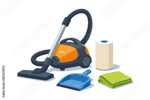 Cleaning equipment set with vacuum cleaner, dustpan, and cloths in modern style
