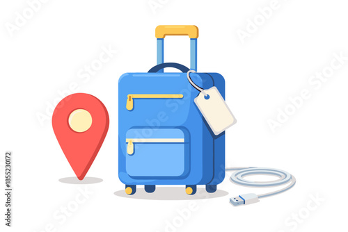 Travel essentials with luggage, usb cable, and map pin icon for modern journey concept