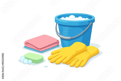 Cleaning essentials illustration with gloves, bucket, and soap in flat design