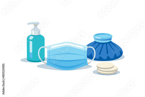 Healthcare essentials: mask, sanitizer, ice bag, and cotton pads on white background