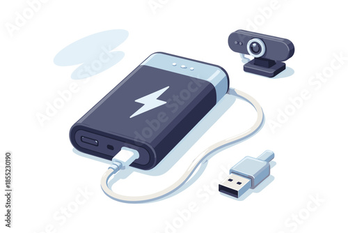 Modern charging devices and online meeting tools in isometric design