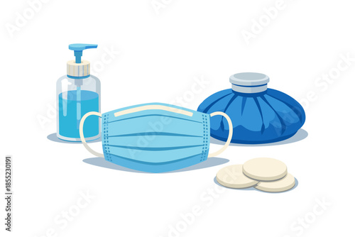 Essential medical supplies: mask, sanitizer, ice bag, and cotton pads in isometric style