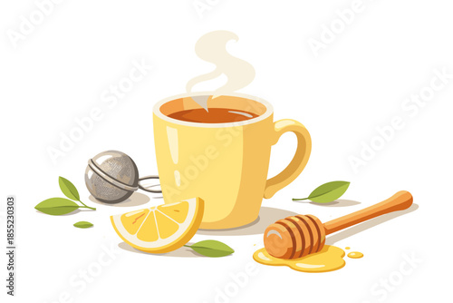 Warm cup of tea with honey, lemon, and tea infuser on white background