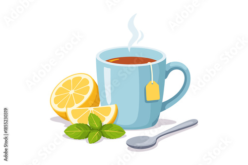 Cozy tea cup with lemon and mint on white background