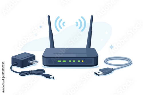 Wireless router set including adapter and usb cable in modern flat design